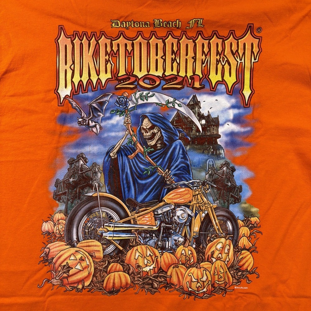 Gildan Biketoberfest 2021 Daytona Beach Orange Grim Reaper T-Shirt Mens 2XL